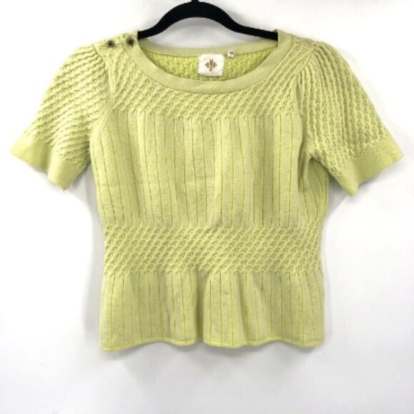 Anthropologie Tops - ANTHROPOLOGIE HWR Monogram Sweater Knit Top Green Yellow L Button Shoulder Women